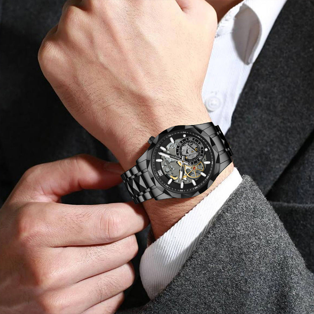 2025 New Cross-Border Stainless Steel Band Men's Watch Cut Out Watch European And American Business Simple Quartz Waterproof Watch