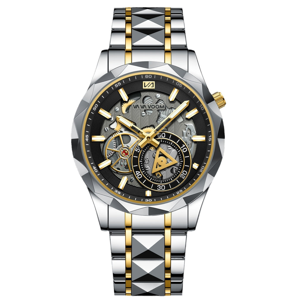 2025 New Cross-Border Stainless Steel Band Men's Watch Cut Out Watch European And American Business Simple Quartz Waterproof Watch