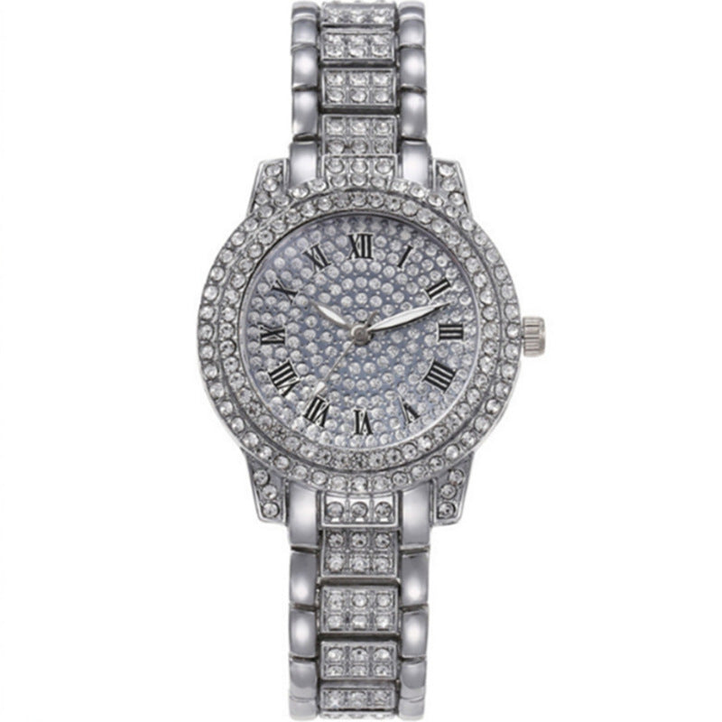 Cross-Border Hot-Selling Jewelry-Encrusted Women's Watch Set, Fashionable And High-End Roman Pattern Quartz Watch With Steel Strap