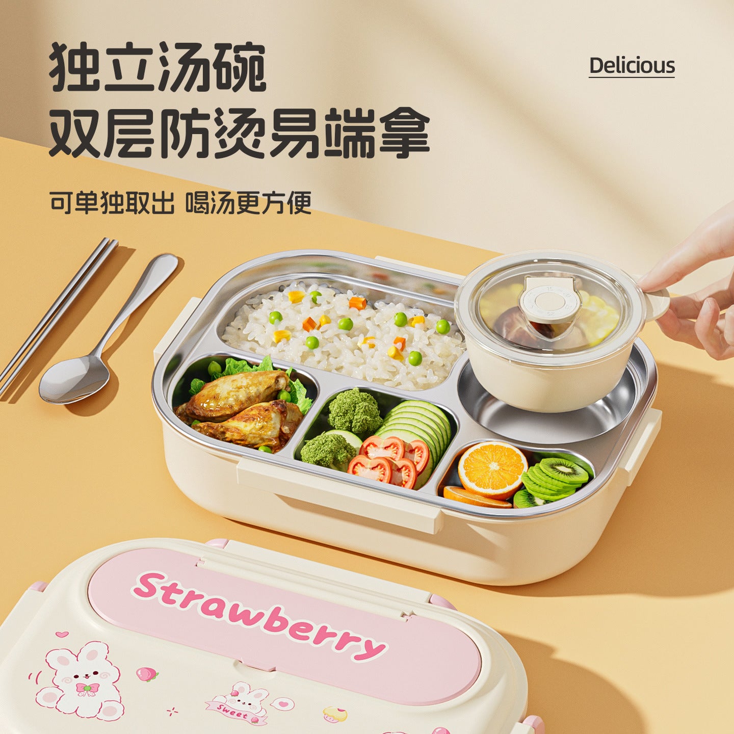 304 Stainless Steel Cartoon Lunch Box For Office Workers, Microwaveable Lunch Box, Large Capacity Student Lunch Box