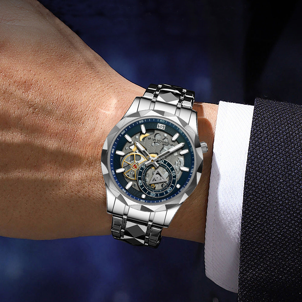 2025 New Cross-Border Stainless Steel Band Men's Watch Cut Out Watch European And American Business Simple Quartz Waterproof Watch